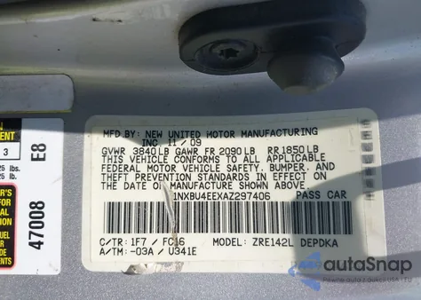 2010 Toyota Corolla Le z USA, uszkodzony, nr VIN 1NXBU4EEXAZ297406